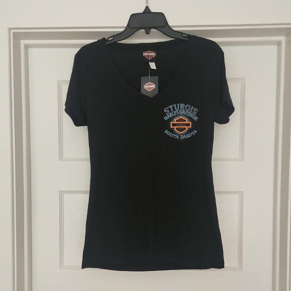NWT 2025 Harley Davidson Sturgis Women's Black V-Neck Tee Size L